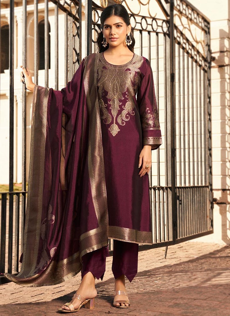 Wine Silk Jacquard Straight Pant Suit