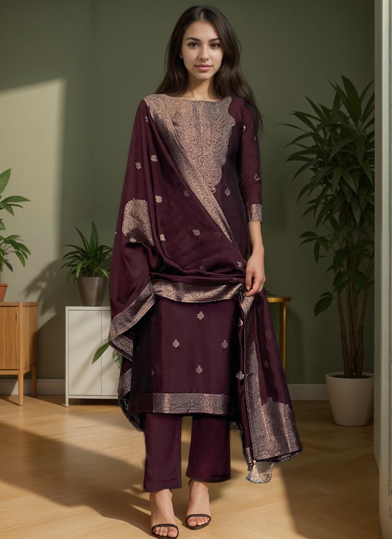 Wine Silk Jacquard Woven Straight Pant Suit