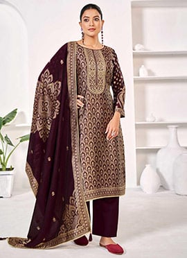 Wine Silk Jacquard Woven Straight Pant Suit