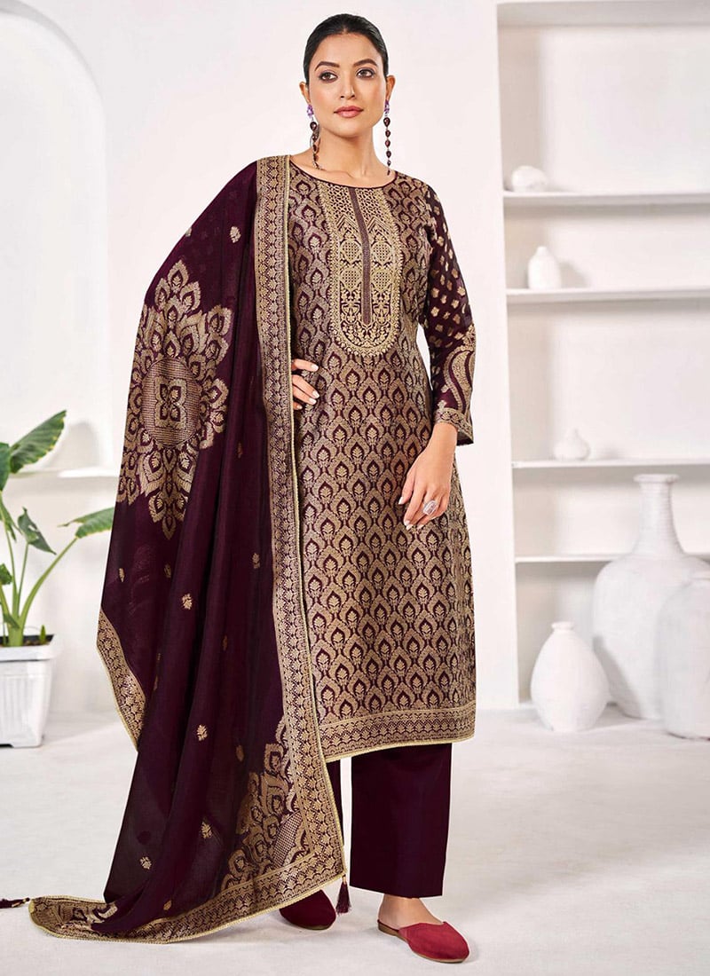 Wine Silk Jacquard Woven Straight Pant Suit Festive Wear