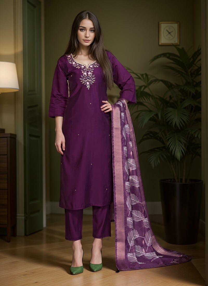 Wine Silk Khatli Hand Work With Beads And Sequins Straight Pant Suit Festive Wear