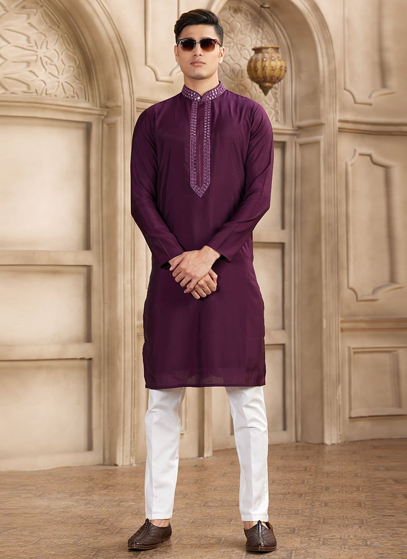 Wine Silk Kurta Pyjama For Men Festive Wear