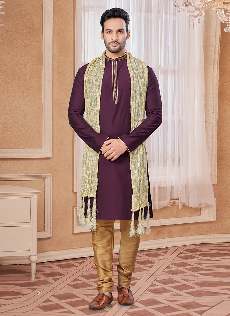 Wine Silk Lace Work Kurta Pyjama Festive Wear