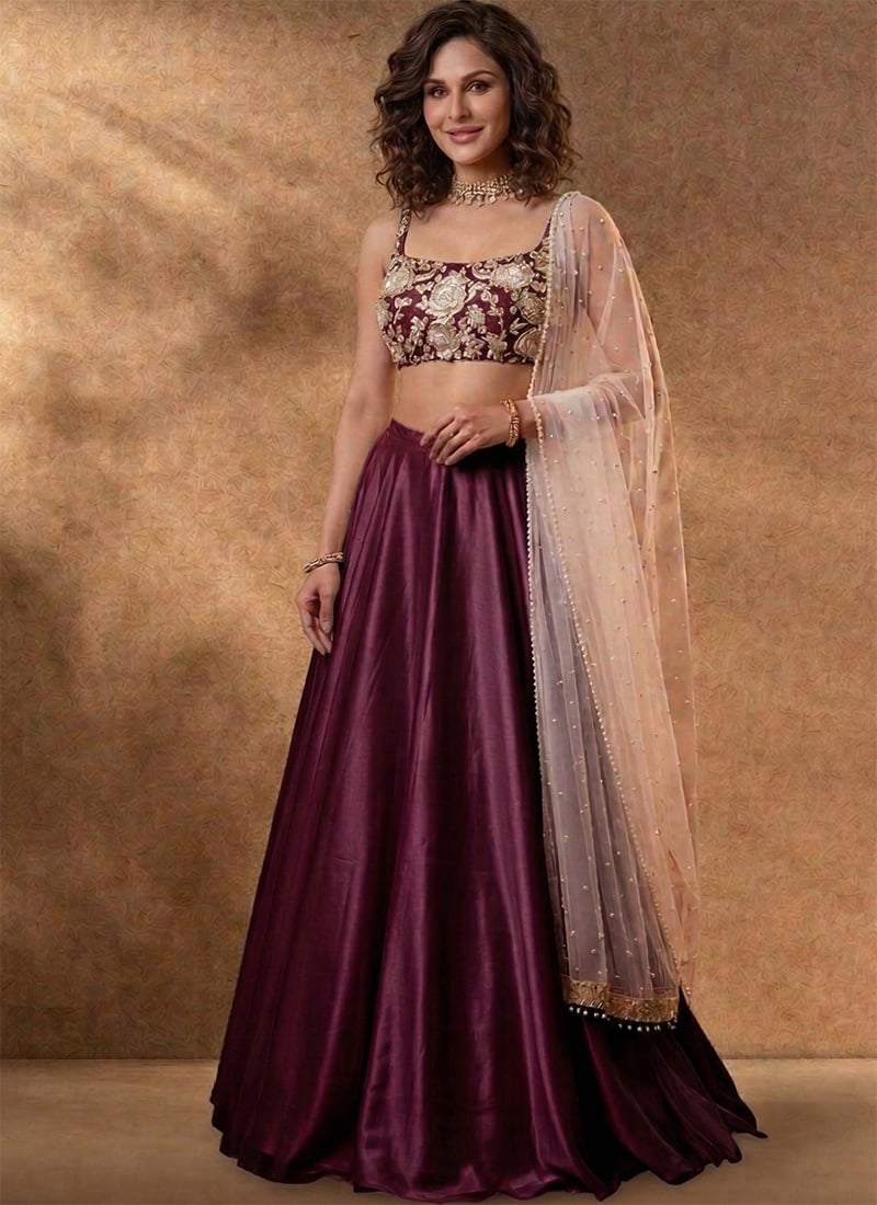 Wine Silk Lehenga Set With Hand Embroidered Sequins And Mirror Work Wedding Wear