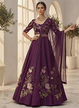 Wine Silk Resham Work Lehenga