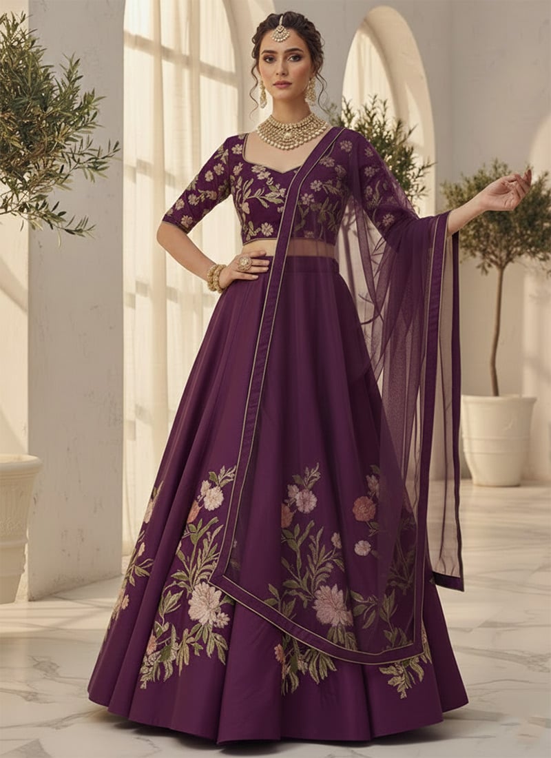 Wine Silk Resham Work Lehenga Wedding Wear