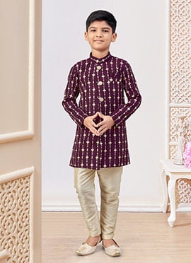 Wine Silk Sequins Boys Indowestern Sherwani