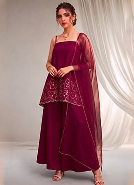 Wine Silk Spaghetti Strap Neckline Resham Palazzo Suit