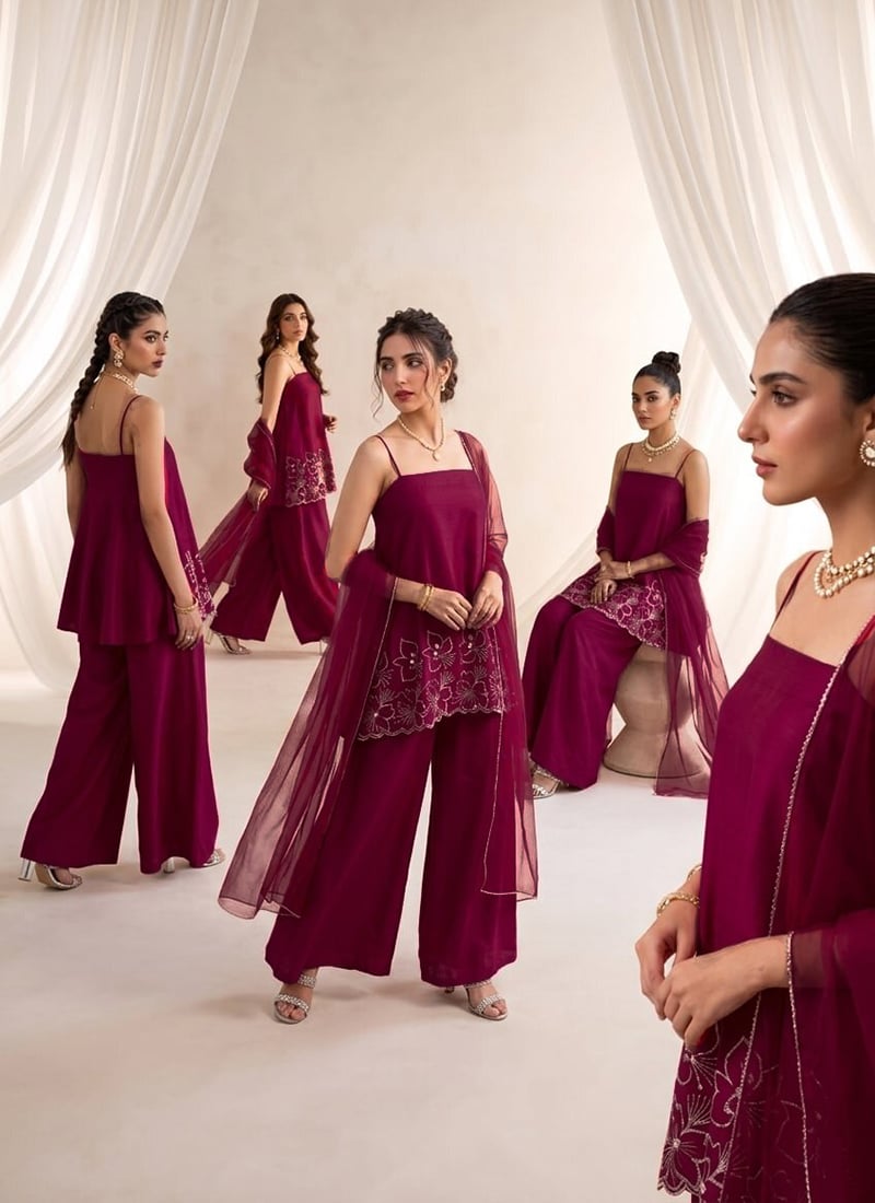 Wine Silk Spaghetti Strap Neckline Resham Palazzo Suit Festive Wear