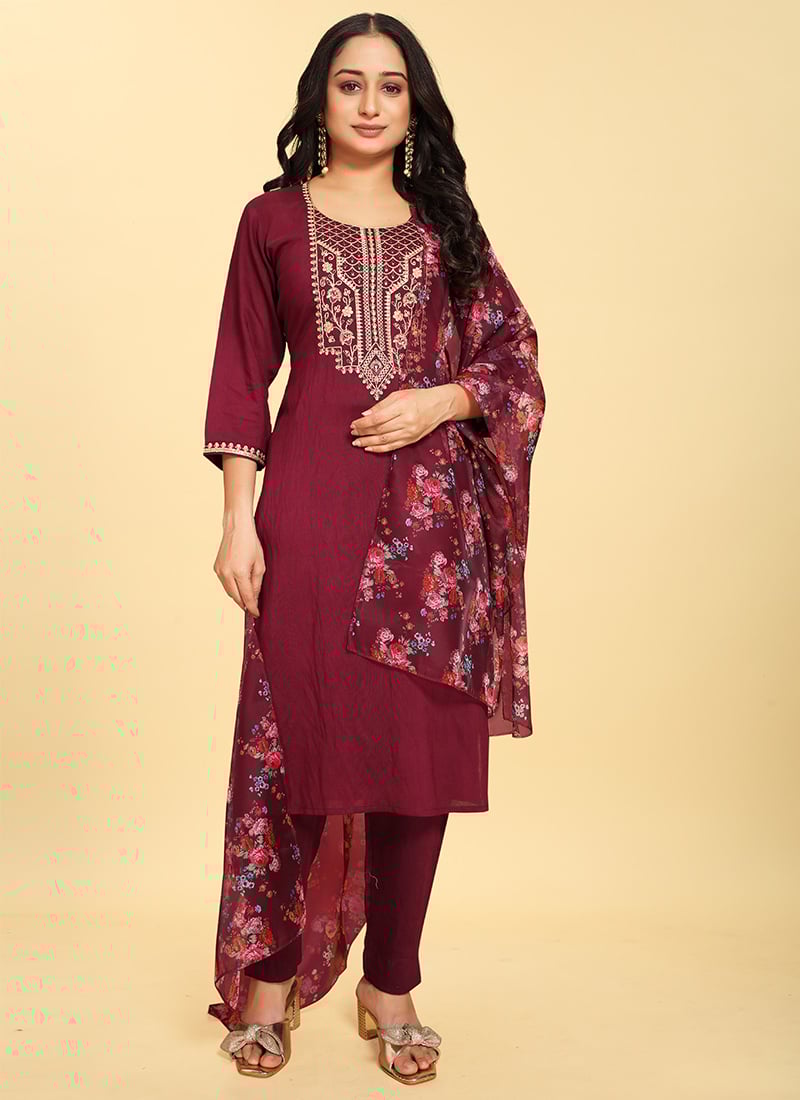 Wine Silk Straight Cut Salwar Suit Embossed With Embroidery After Six Wear