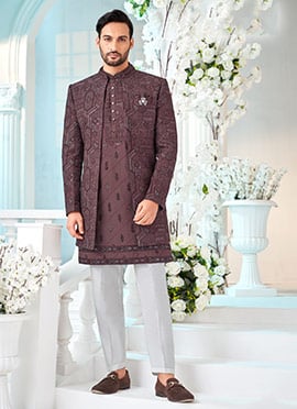 Wine Silk Thread Cutdana Hand Work Indowestern Sherwani