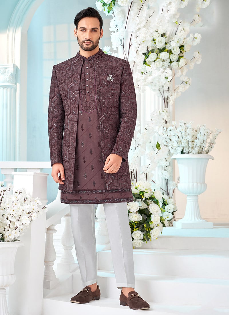 Wine Silk Thread Cutdana Hand Work Indowestern Sherwani Wedding Wear