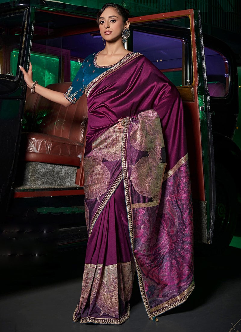 Wine Silk Zari And Thread Embroidered Sequins Saree Festive Wear