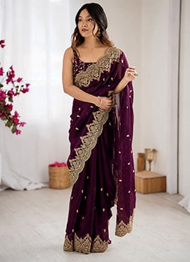 Wine Silk Zari Embroidered Dual Tone Saree