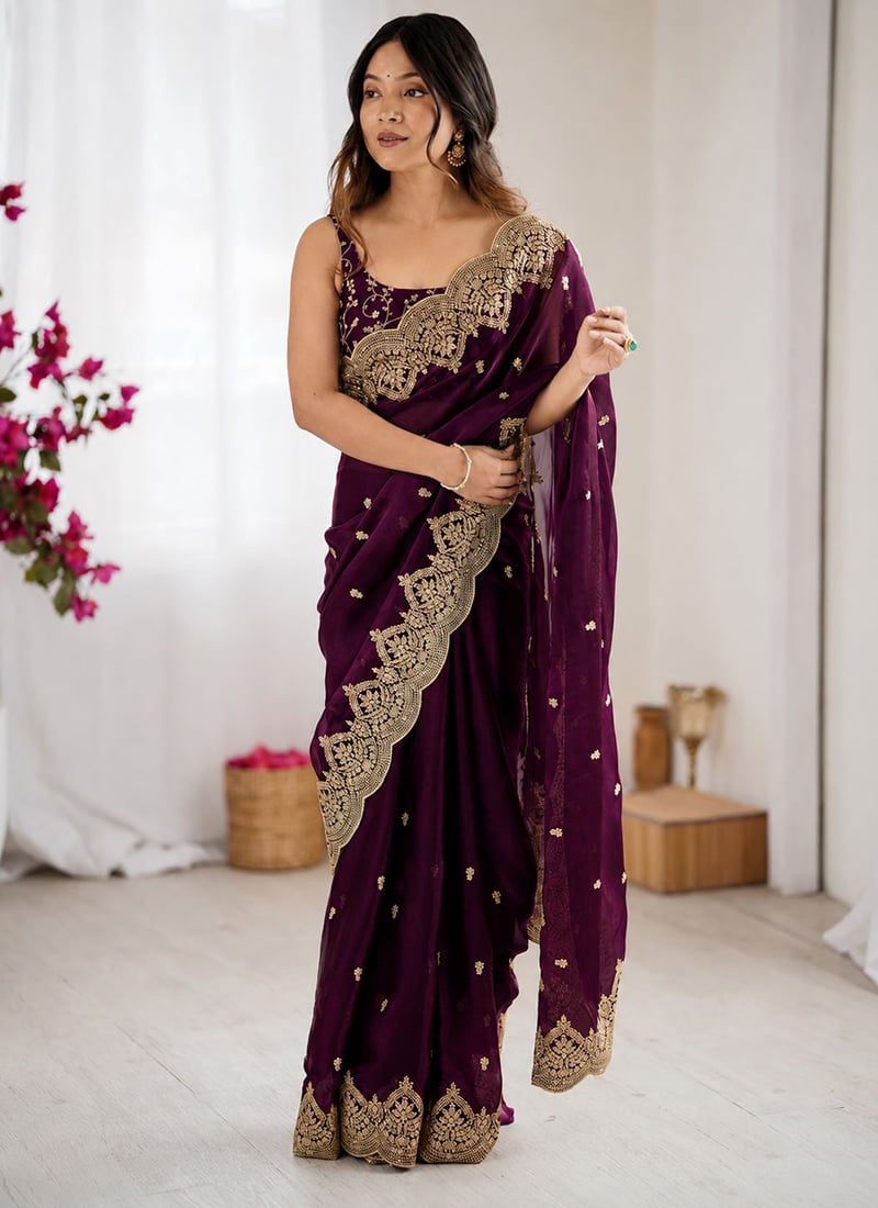 Wine Silk Zari Embroidered Dual Tone Saree Festive Wear