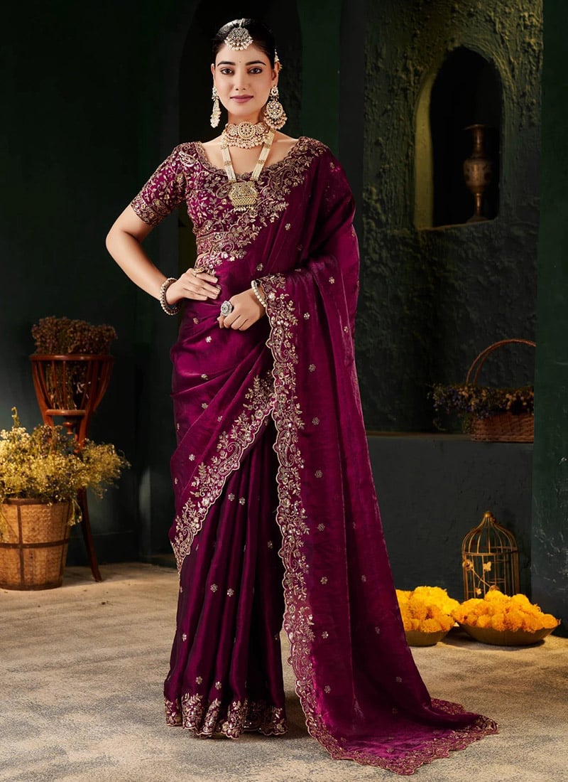 Wine Silk Zari Embroidered Saree After Six Wear