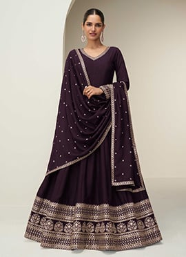 Wine Silk Zari Embroidered Sequins Anarkali Suit