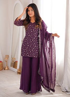 Wine Silk Zari Embroidered Sequins Bell Bottom Palazzo Pant Suit