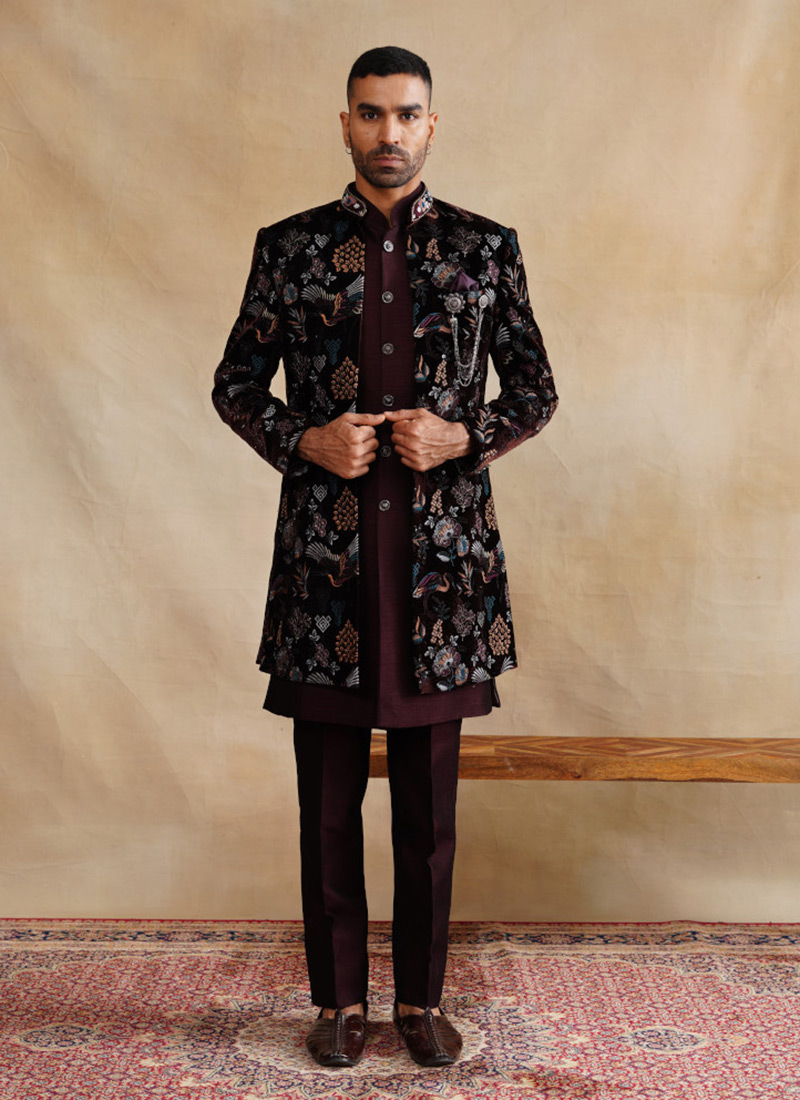 Wine Silk Zari Embroidered Sequins Indowestern Sherwani