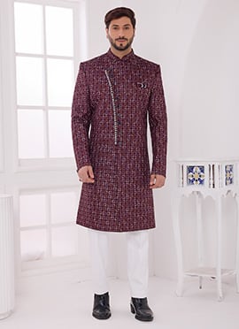Wine Silk Zari Embroidered Sequins Indowestern Sherwani