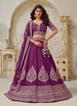 Wine Silk Zari Embroidered Sequins Lehenga Choli