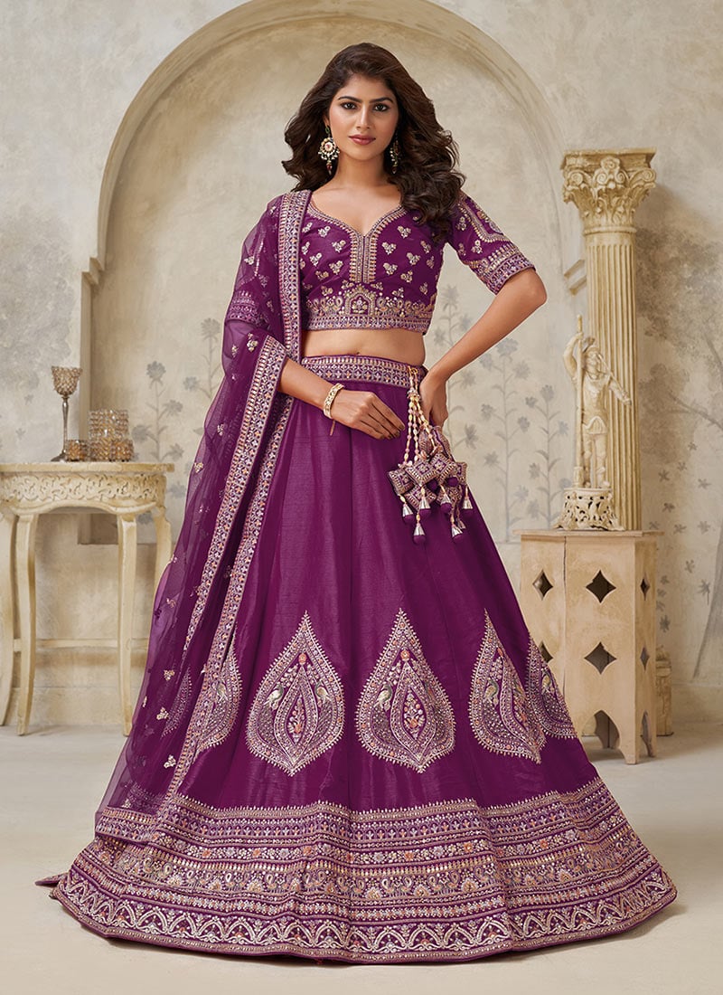 Wine Silk Zari Embroidered Sequins Lehenga Choli  Wedding Wear