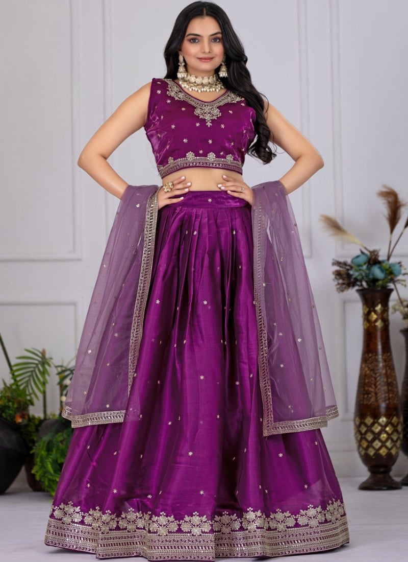 Wine Silk Zari Embroidered Sequins Lehenga Wedding Wear