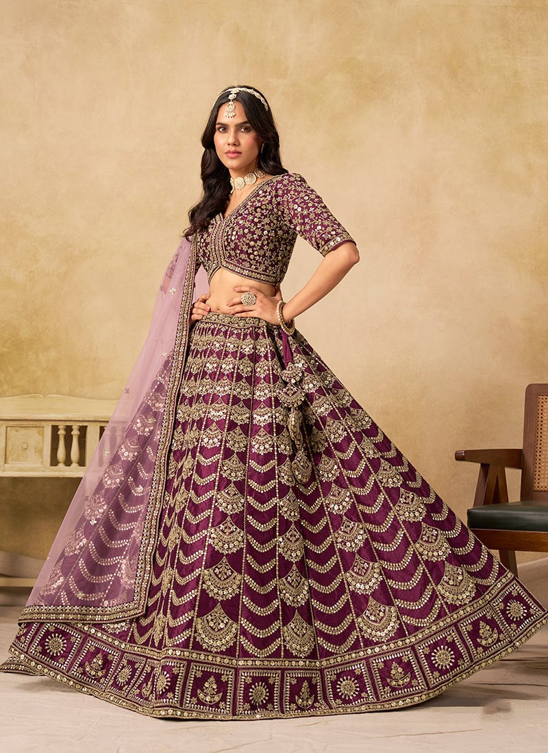 Wine Silk Zari Embroidered Sequins Umbrella Lehenga Wedding Wear