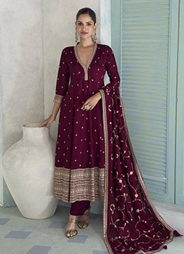 Wine Silk Zari Embroidered Sequins With Gota Work A Line Anarkali Suit Festive Wear