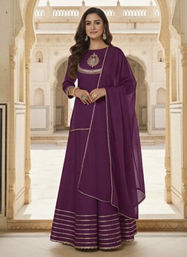 Wine Silk Zari Hand Embroidered Long Choli Style Lehenga Set