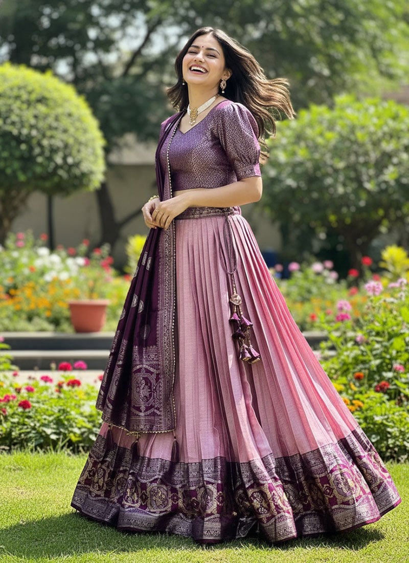 Wine Silk Zari Jacquard Woven Lehenga Festive Wear