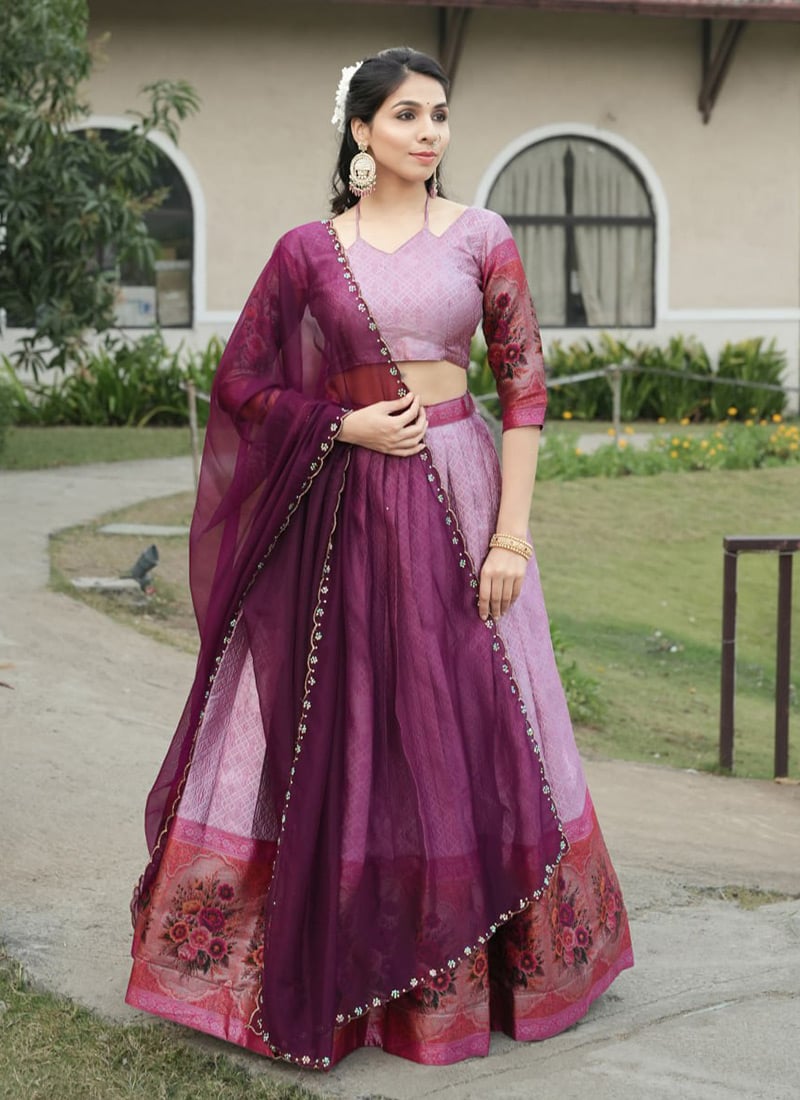 Wine Silk Zari Jacquard Woven Lehenga Festive Wear
