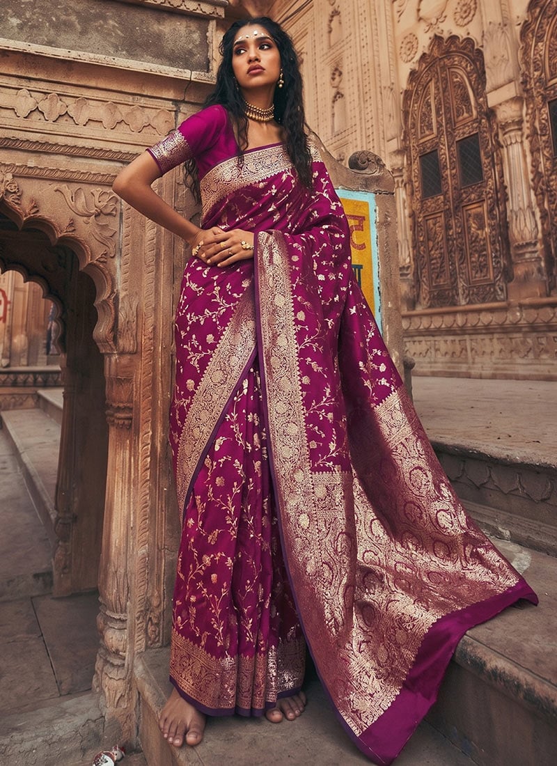 Wine Silk Zari Jacquard Woven Saree Festive Wear