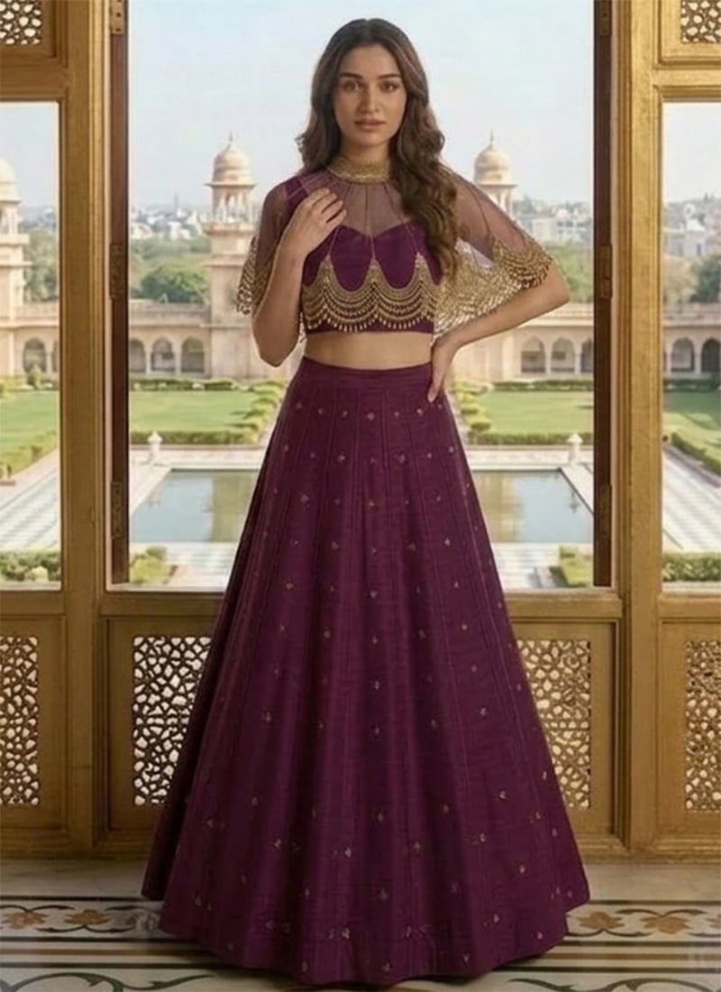 Wine Silk Zari Sequins Hand Embroidered Cape Skirt Set Wedding Wear