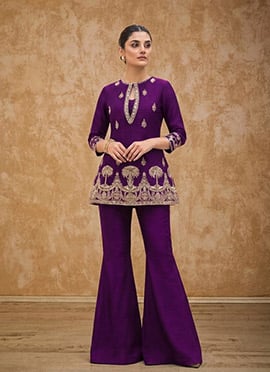 Wine Silk Zari Sequins Indowestern Bell Bottom Pant Suit