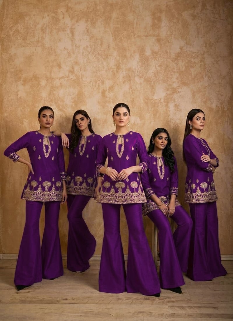 Wine Silk Zari Sequins Indowestern Bell Bottom Pant Suit After Six Wear