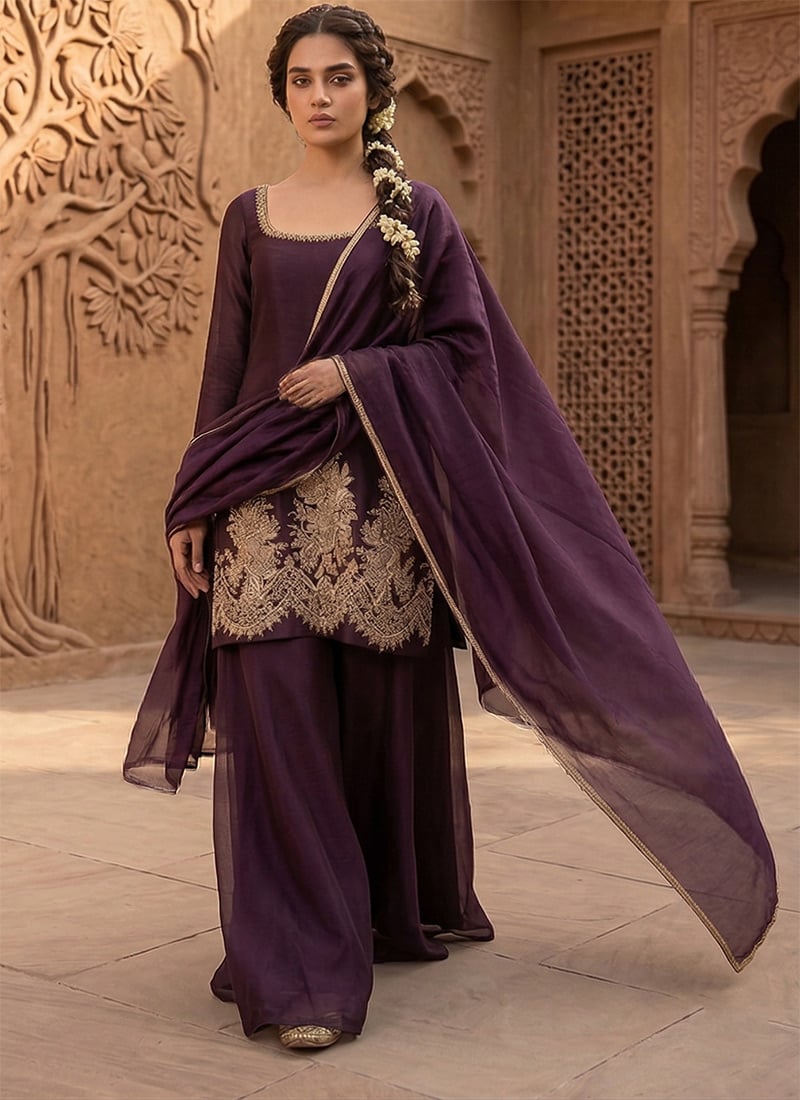 Wine Silk Zari Sequins Palazzo Suit Festive Wear