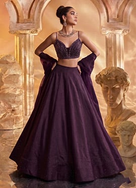 Wine Silk Zari Sequins With Stone Work Lehenga Wedding Wear