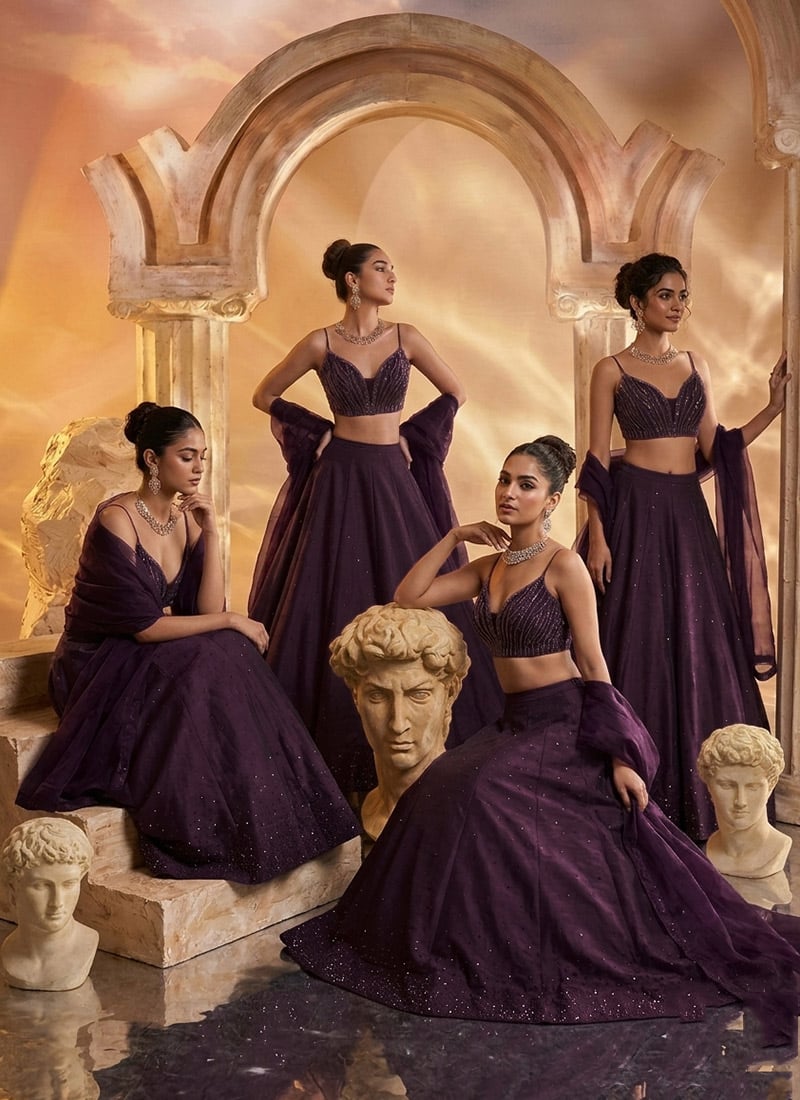 Wine Silk Zari Sequins With Stone Work Lehenga Wedding Wear