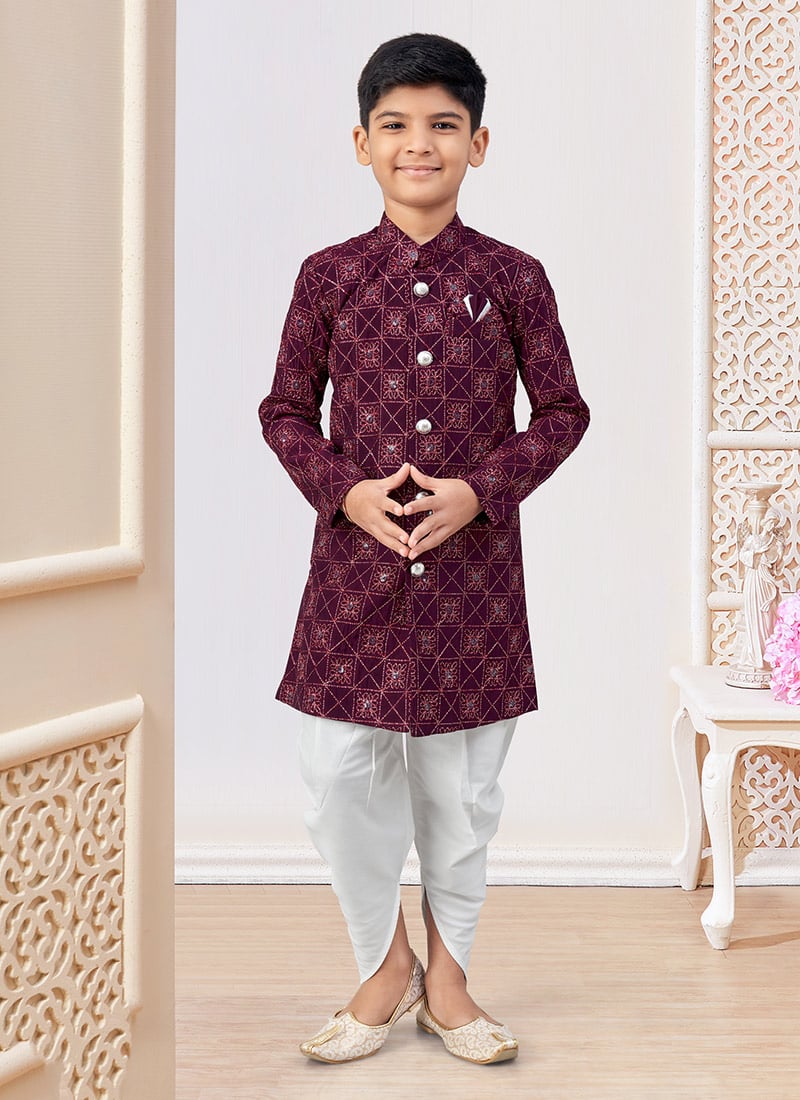 Wine Silk Zari Work With Sequins Boys Indowestern Sherwani With Dhoti  Wedding Wear