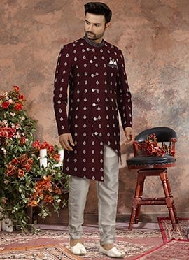 Wine Soft Art Silk Machine Embroidered Indowestern Sherwani