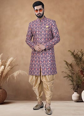 Wine Soft Cotton Embroidered Sequins Indowestern Sherwani