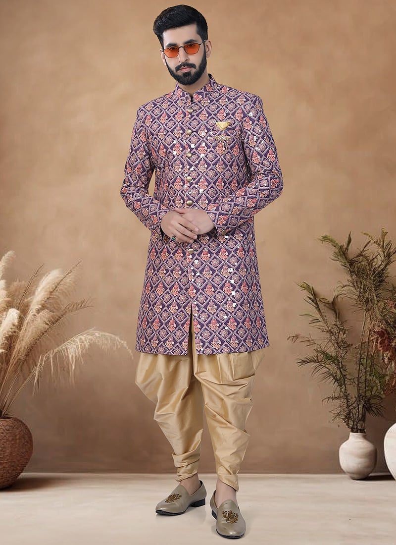 Wine Soft Cotton Embroidered Sequins Indowestern Sherwani Wedding Wear