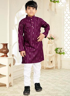 Wine Soft Cotton Sequins Work Kids Boys Kurta Pyjama