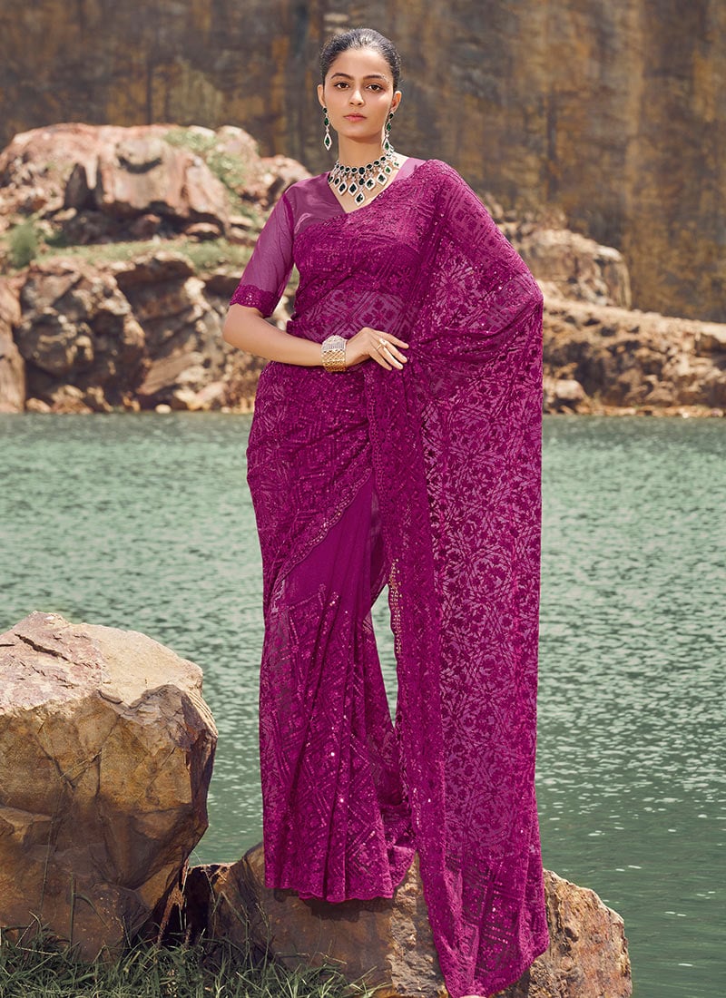 Wine Soft Net Embroidered Sequins Saree Festive Wear