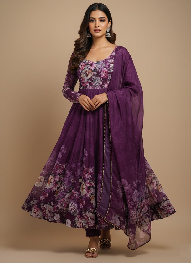 Wine Soft Organza Silk Printed Anarkali Suit After Six Wear