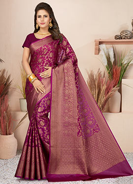 Soft Satin Silk Wine Saree with Rich Zari Motifs, Contrast Border & Elegant Blouse