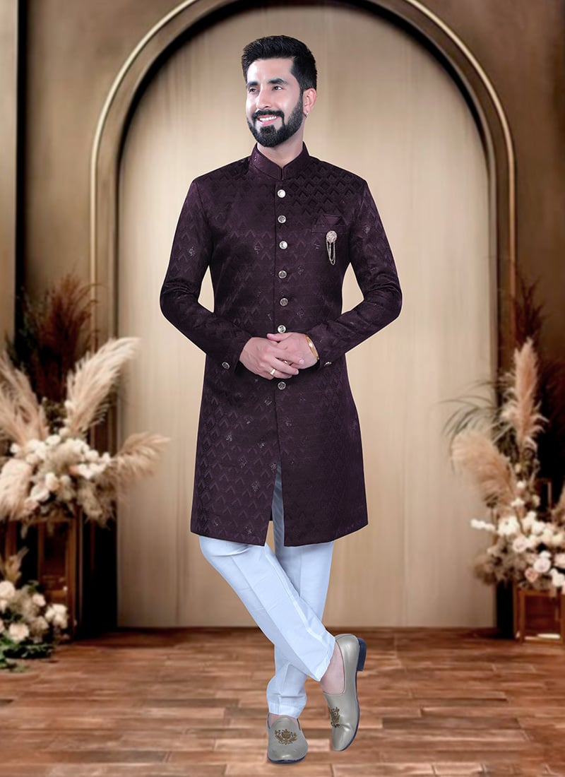 Wine Terry Rayon Sequins Work Indowestern Sherwani  For Men