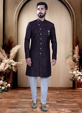 Wine Terry Rayon Zari Indowestern Sherwani  For Men