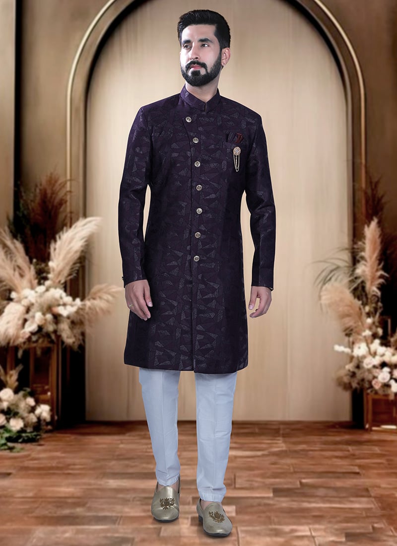 Wine Terry Rayon Zari Indowestern Sherwani  For Men